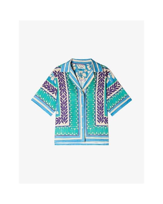 Sandro Blue Collared Flower-Print Woven Shirt