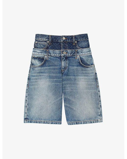 Sandro Blue Double-waistband Crystal-embellished Denim Shorts