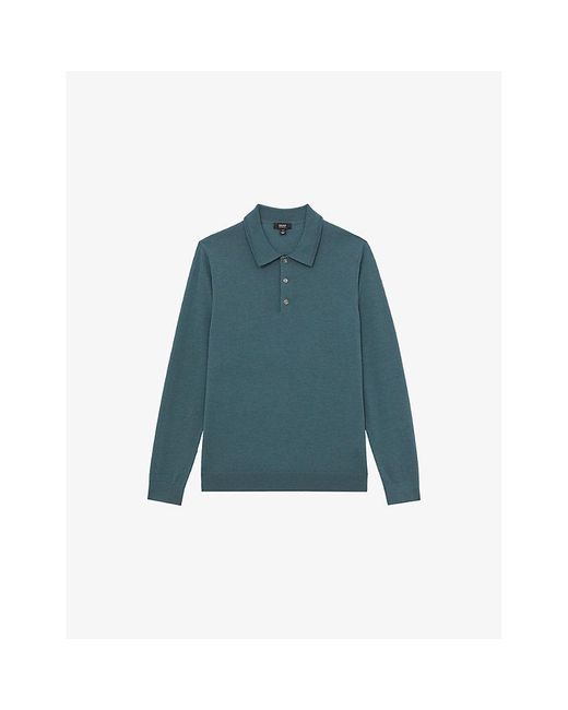 Reiss Blue Trafford Regular-Fit Long-Sleeve Merino-Wool Polo for men
