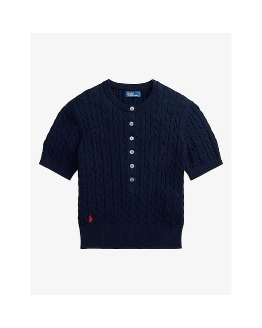 Polo Ralph Lauren Blue Brand-Embroidered Cable-Knitted Cotton Jumper