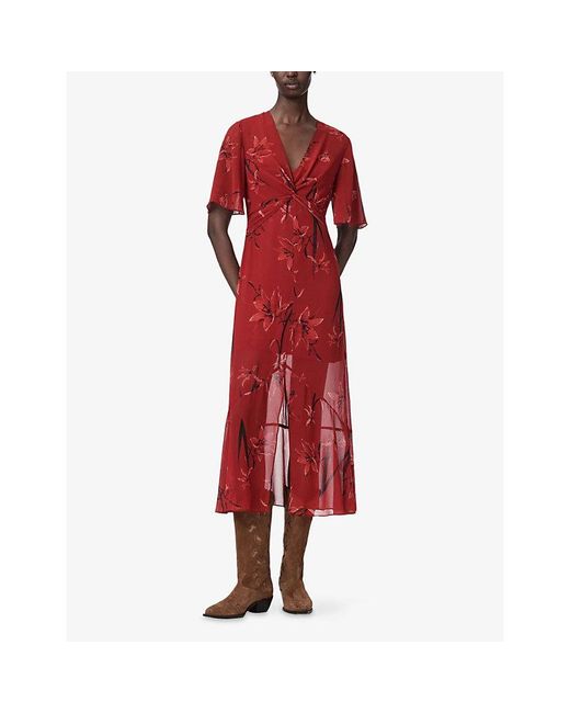 AllSaints Red Mollie Floral-Print Chiffon Midi Dress