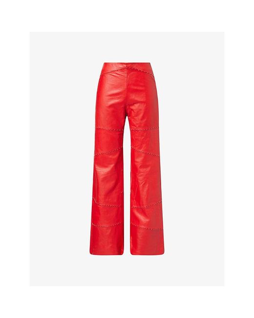 GRACE FAENA Red The Monarch Crystal-Embellished Leather Trousers
