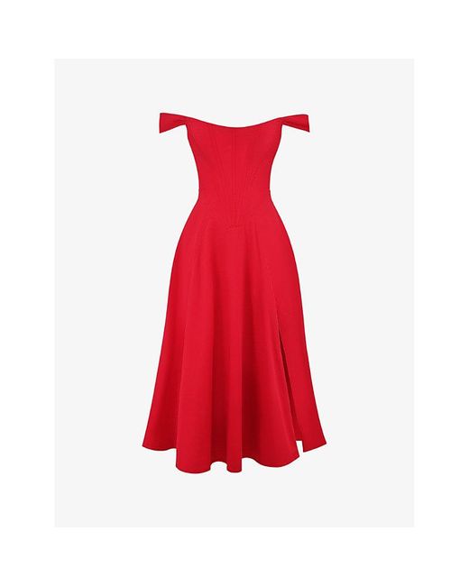 House Of Cb Red Saira Floral-Print Cotton-Blend Midi Dress