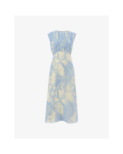 Whistles Blue Devore Swirl Sleeveless Velvet Midi Dress