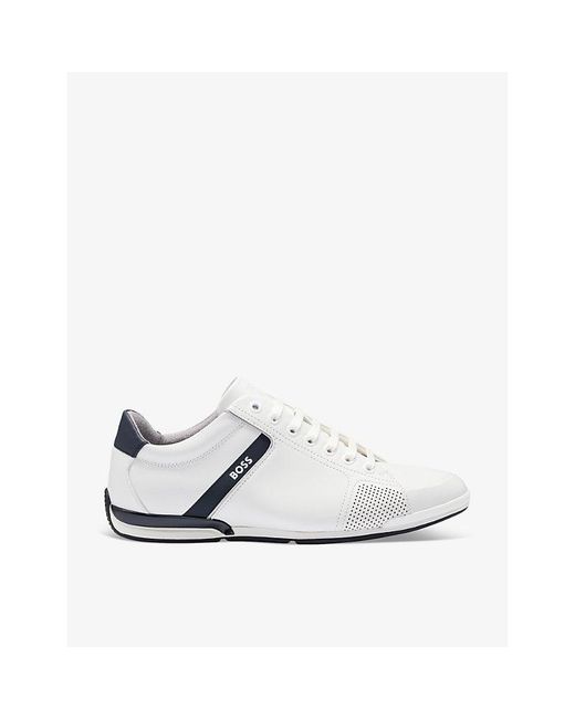 Boss White Logo-Emed Lace-Up Leather Low-Top Trainers for men