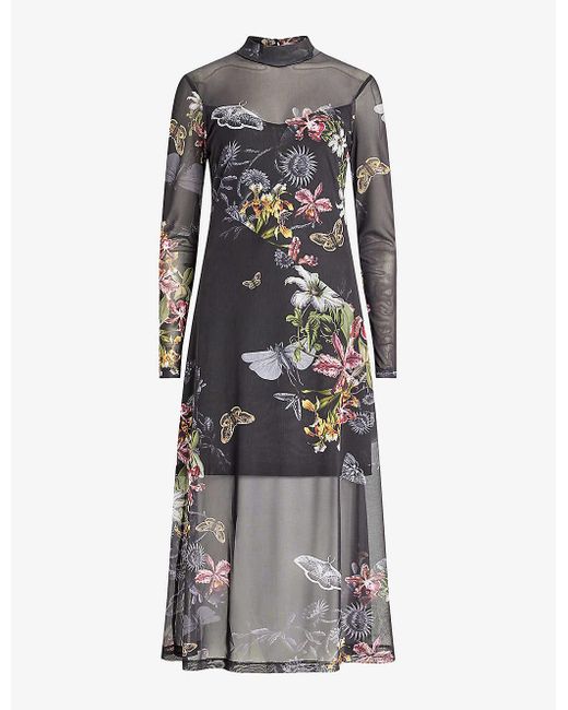 AllSaints Gray Hanna Floral-print Stretch-woven Midi Dress