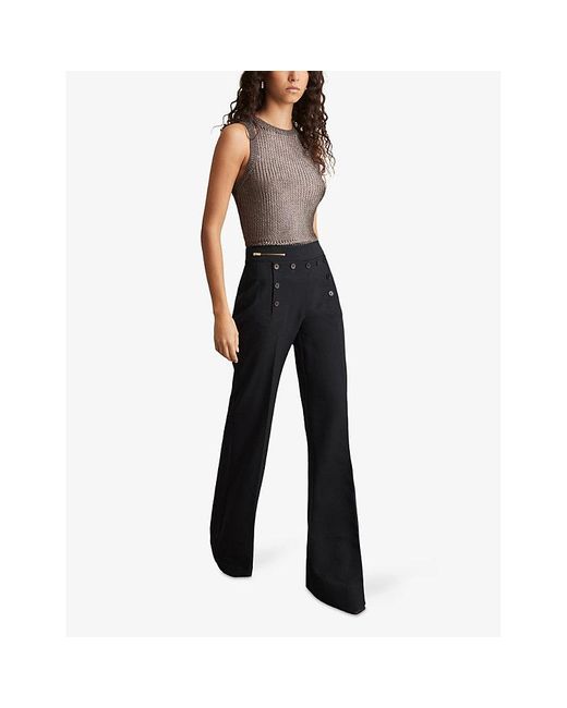 Reiss Blue Sidney Button-Detail Wide-Leg Stretch-Woven Trousers