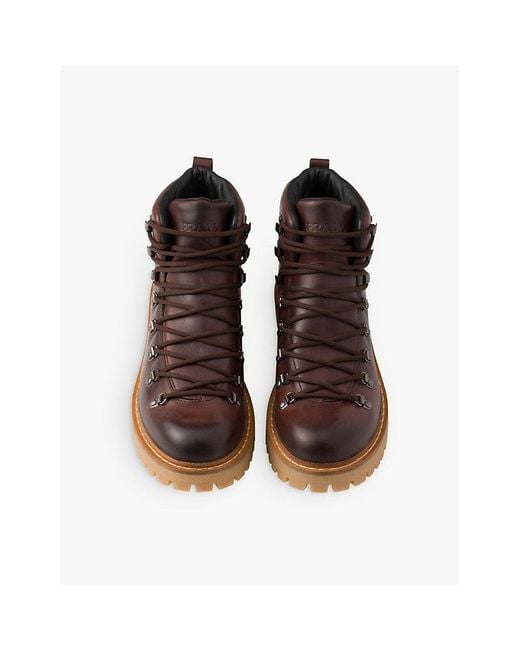 Prada Brown Triangle-Plaque Lugged-Sole Leather Work Boots for men