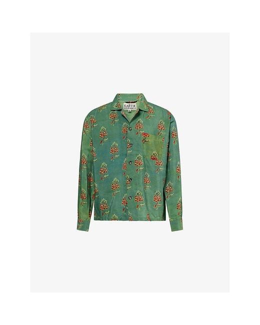 Kartik Research Green Floral-Print Silk Shirt for men