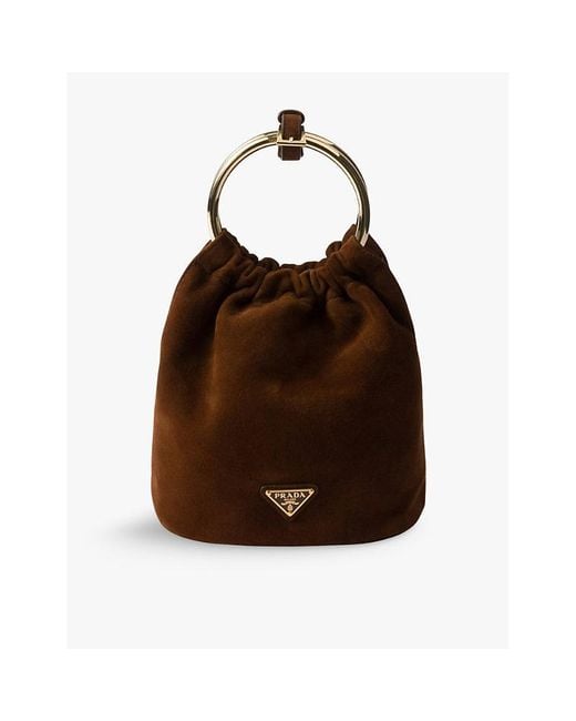 Prada Brown Brand-Plaque Mini Suede Bucket Bag