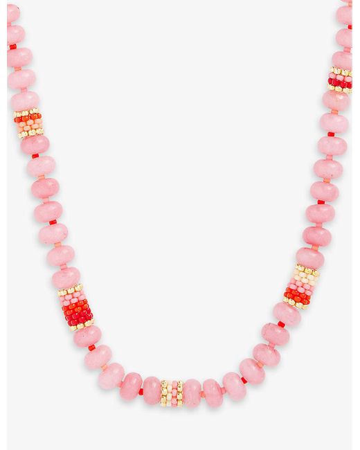 Anni Lu Pink Barrel Beaded 18ct Yellow Gold-plated Brass And Jade Necklace