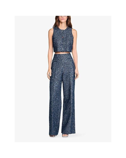 Sandro Blue Cropped Sequin-Embellished Cotton Top