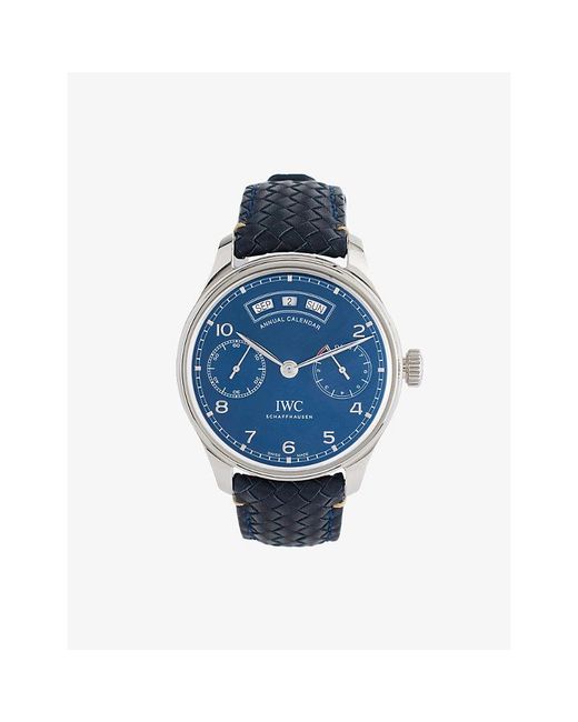 Reselfridges Watches Blue Pre-Loved Iwc Schaffhausen Annual Calendar Stainless-Steel Automatic Watch for men