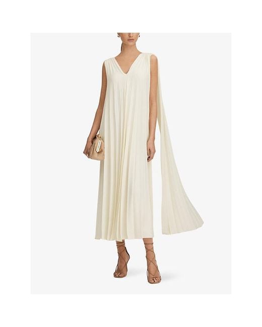 Reiss White Loreli Pleated Cape-sleeve Woven Maxi Dress