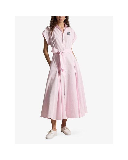 Polo Ralph Lauren Pink X Wimbledon Logo-Embroidered Cotton Shirt Midi Dress
