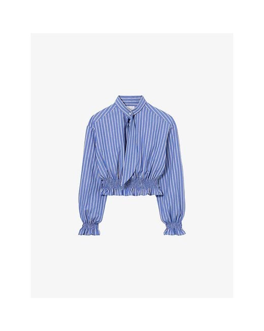 Claudie Pierlot Blue Striped Tie-Neck Cotton-Poplin Shirt