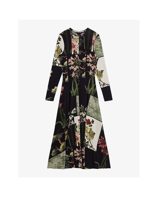 Ted Baker Black Gretiaa Floral-print Long-sleeve Stretch-woven Midi Dress