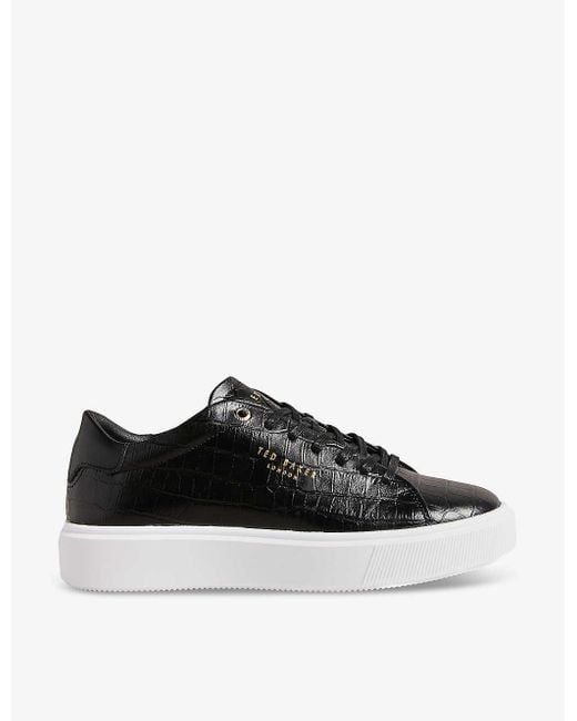 Ted Baker Black Artimi Croc-embossed Leather Low-top Trainers