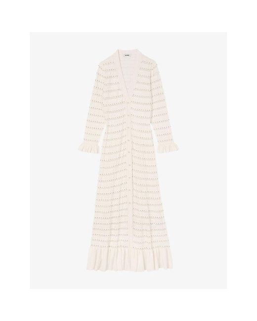 Sandro White Long-Sleeve V-Neck Pointelle-Knit Maxi Dress