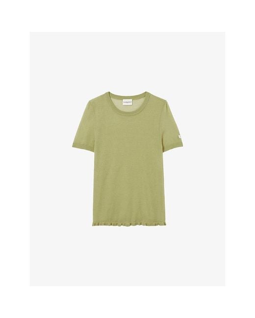 Claudie Pierlot Green Ruffle-Hem Semi-Sheer Knitted Top