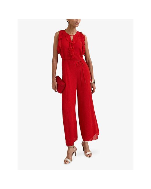Phase Eight Red Rachel Petite Ruffle-Trim Tie-Waist Woven Jumpsuit