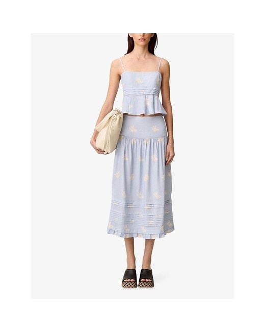 Claudie Pierlot Blue Floral-Print Linen-Blend Midi Skirt
