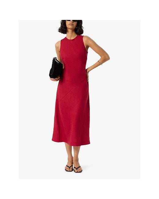 Whistles Red Bias-Cut Sleeveless Linen Midi Dress
