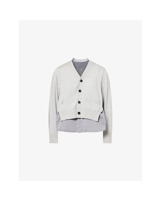 Sacai White Contrast-Panelled Denim And Cotton-Knit Cardigan