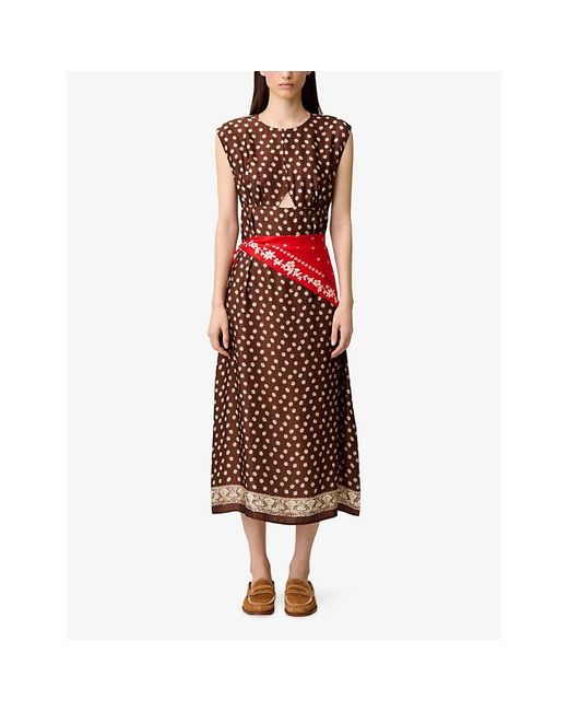 Claudie Pierlot Brown Polka-Dot Sleeveless Satin Maxi Dress