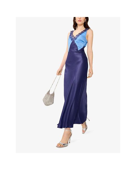 OMNES Blue Caroline Lace-Trim Satin Midi Dress