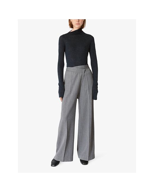 Lovechild Gray Tabitha Asymmetric-waistband Straight-leg Mid-rise Stretch Woven Trousers