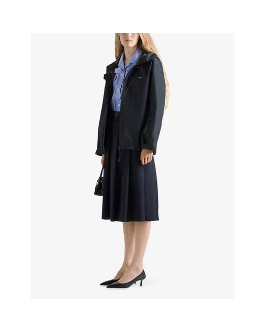 Prada Blue Shell-Panel Belted Wool Midi Skirt