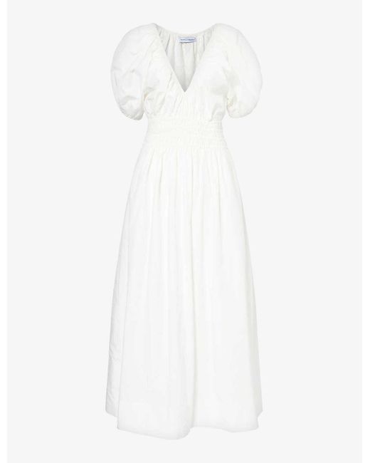Faithfull The Brand White Teatro V-neck Gathered-waist Silk And Cotton-blend Midi Dress