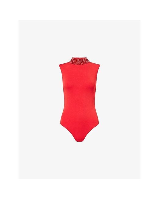 GRACE FAENA Red Zebra Pearl-Embellished Leather And Silk-Jersey Top