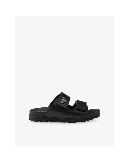 Prada Black Enamelled-Logo Leather Slides for men