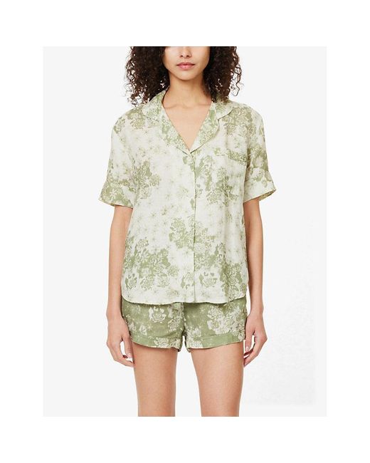 Desmond & Dempsey Green Graphic-print Short Linen Pyjama Set