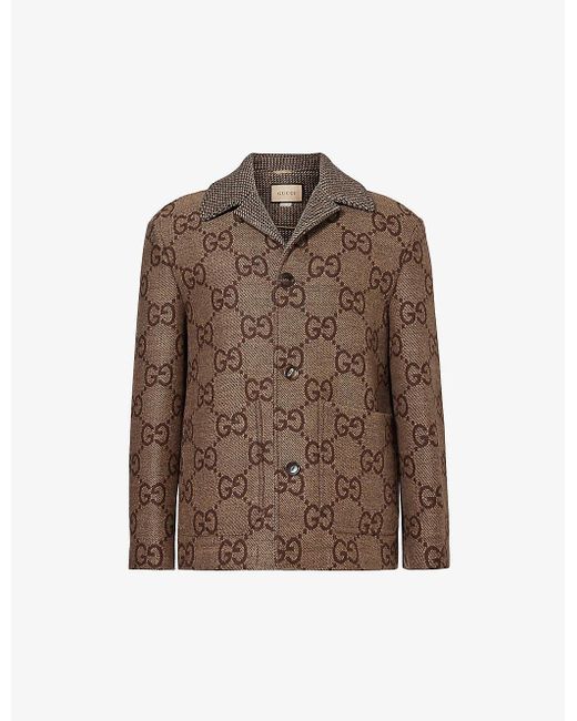 Gucci Brown Monogram-pattern Wide-collar Wool Jacket for men