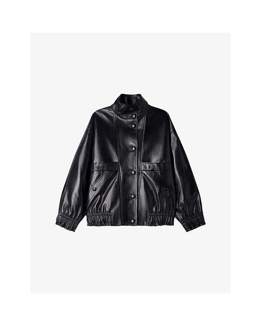 Sandro Black Oversized High-Neck Leather Jacket