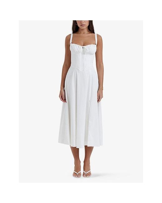 House Of Cb White Carmen Gathered-cup Stretch Cotton-blend Midi Dres