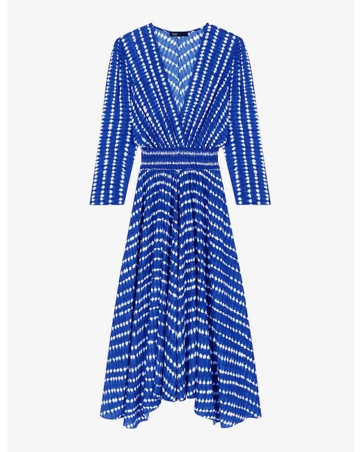 Maje Blue Asymmetrical-hem Tie-dye Woven Midi Dress