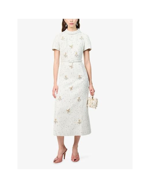Huishan Zhang White Genevieve Crystal-Embellished Tweed Midi Dress