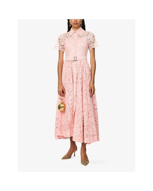 Mona Alshebil Pink Semi-Sheer Belted Lace Maxi Dress