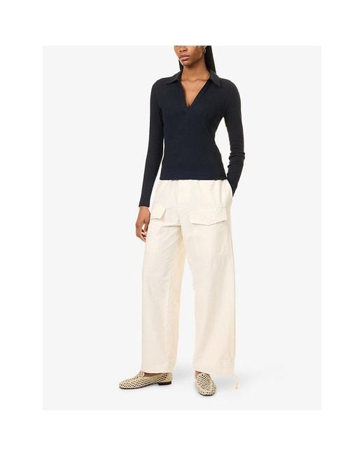 ME+EM Blue V-Neck Ribbed Cotton-Blend Polo Top
