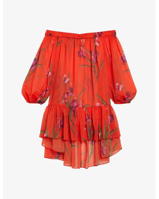 Ted Baker Red Ariizon Floral-print Off-shoulder Woven Cover-up