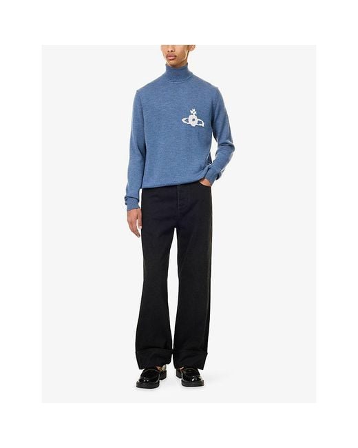 Vivienne Westwood Blue Intarsia-Logo Turtle-Neck Wool Jumper for men