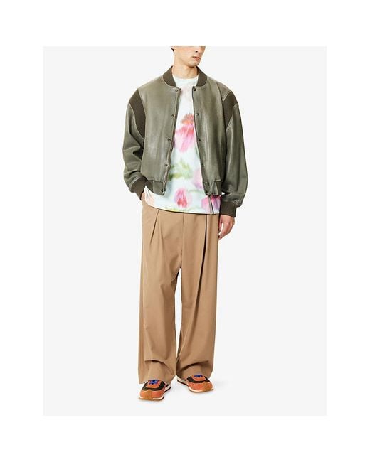 Loewe Green De-Bossed Logo Ribbed-Trims Leather Bomber Jacket for men