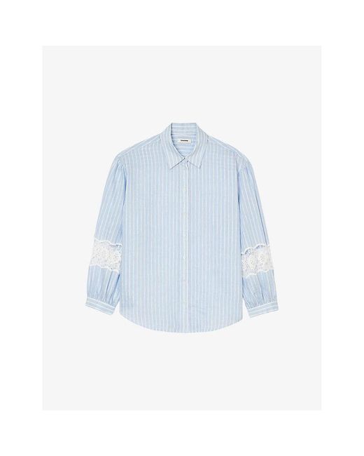 Sandro Blue Lace-trim Striped Linen-blend Shirt