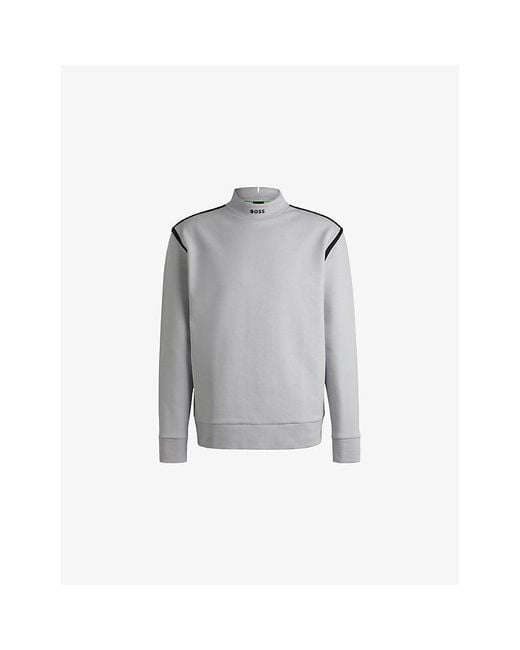 Boss Gray Rubberised-Branding Striped-Trim Stretch Cotton-Blend Sweatshirt for men