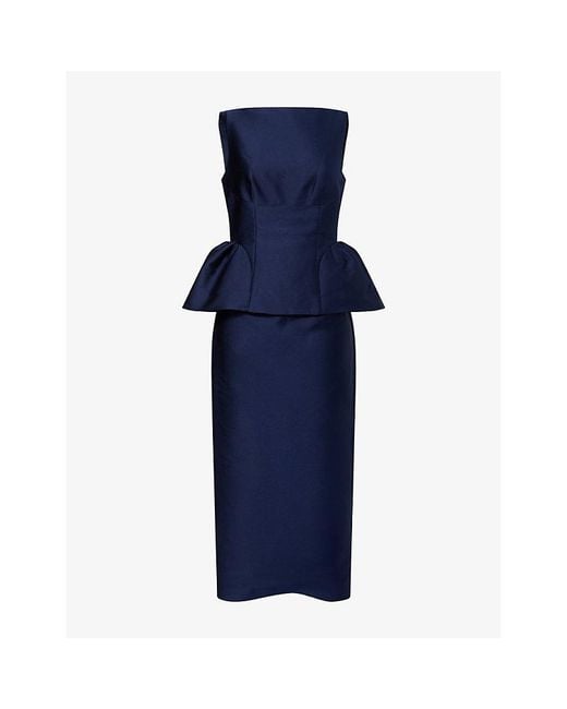 Roland Mouret Blue Boat-Neck Peplum Woven Midi Dress