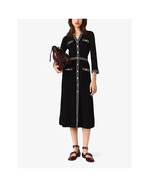 maje pleated dress with contrasting stripes Long pleated dress with eyelets